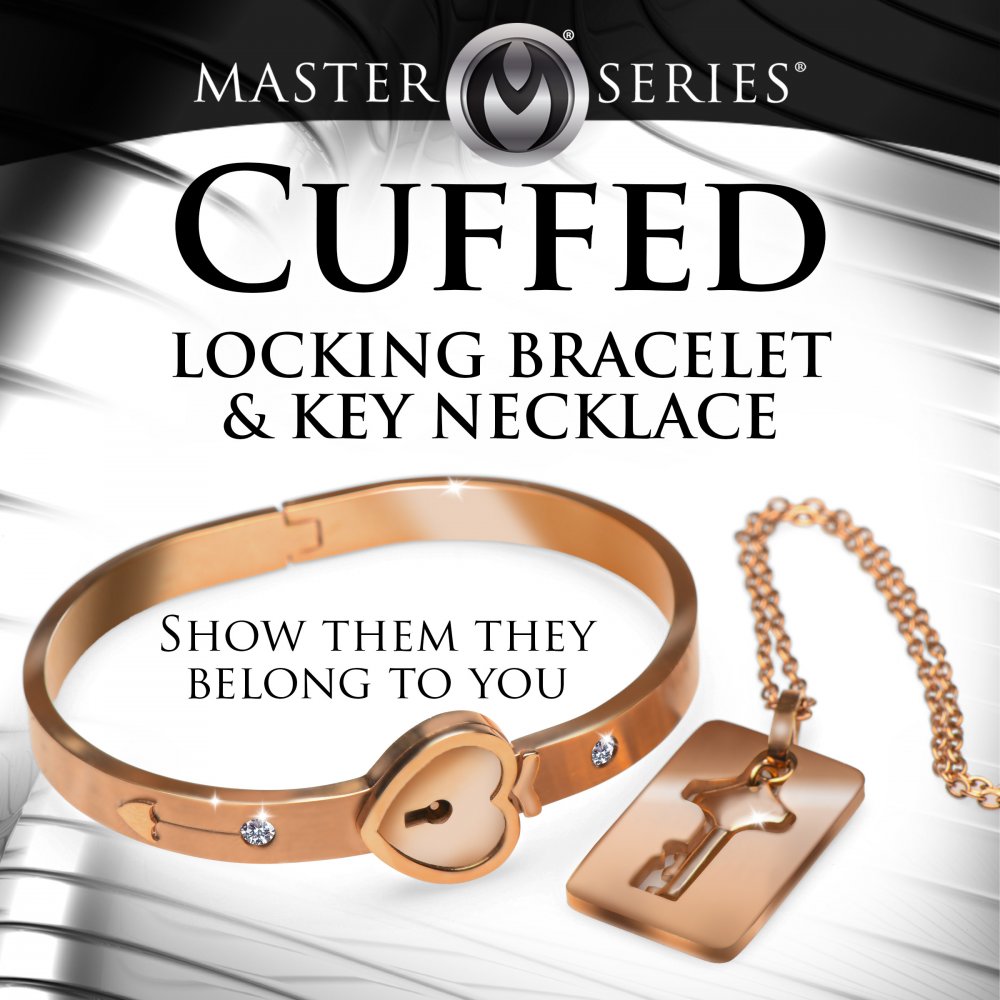 Cuffed Locking Bracelet & Key Necklace Set (Rose Gold) - Discreet D/s Jewelry in Tungsten Steel | Master Series
