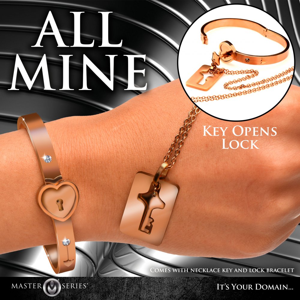 Cuffed Locking Bracelet & Key Necklace Set (Rose Gold) - Discreet D/s Jewelry in Tungsten Steel | Master Series