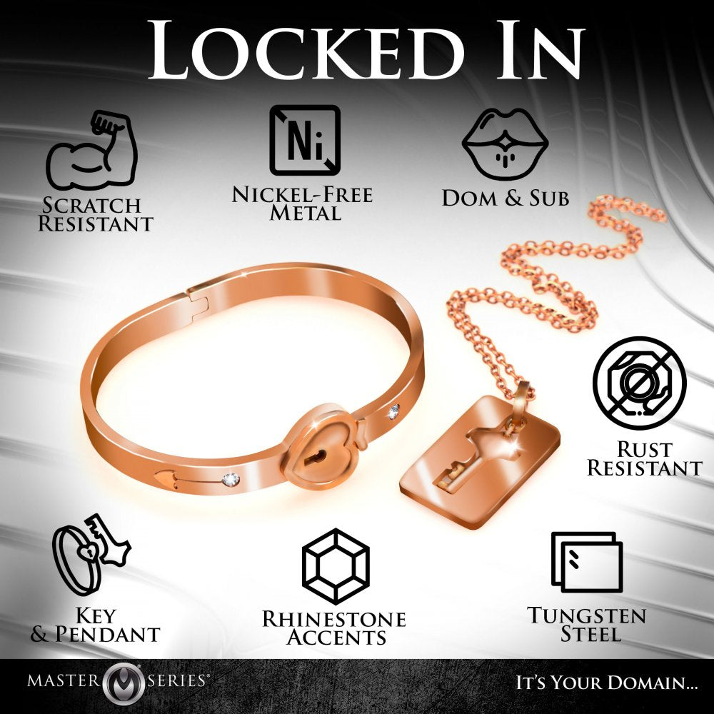 Cuffed Locking Bracelet & Key Necklace Set (Rose Gold) - Discreet D/s Jewelry in Tungsten Steel | Master Series