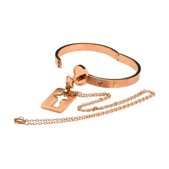 Cuffed Locking Bracelet & Key Necklace Set (Rose Gold) - Discreet D/s Jewelry in Tungsten Steel | Master Series