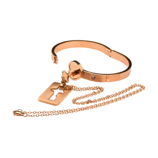 Cuffed Locking Bracelet & Key Necklace Set (Rose Gold) - Discreet D/s Jewelry in Tungsten Steel | Master Series