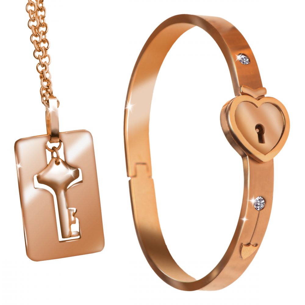 Cuffed Locking Bracelet & Key Necklace Set (Rose Gold) - Discreet D/s Jewelry in Tungsten Steel | Master Series