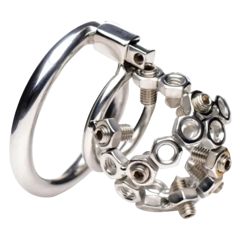 Metallic ring with attached nuts on a white background