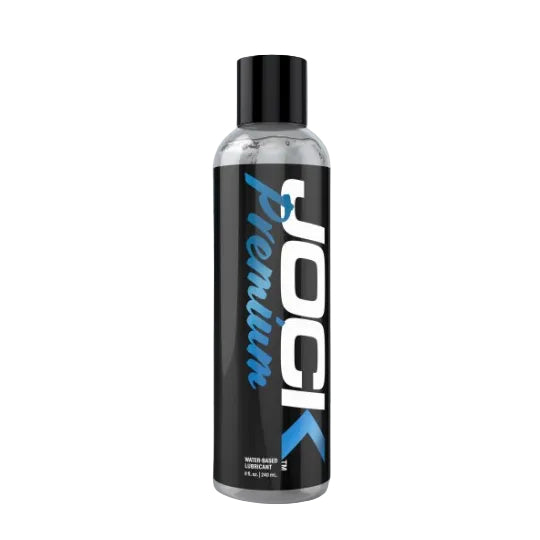 Bottle of JOCK Premium lubricant on a gray background