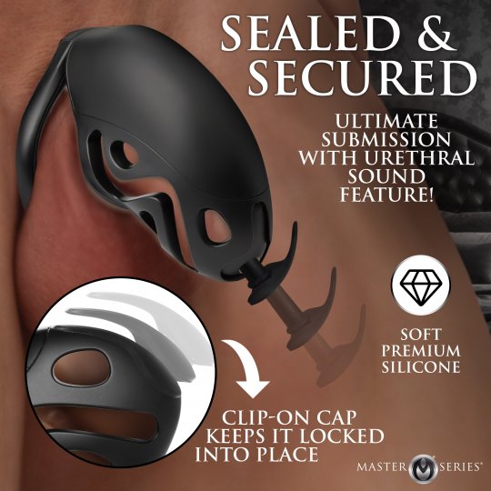 Black silicone device with text about its features on a brown background