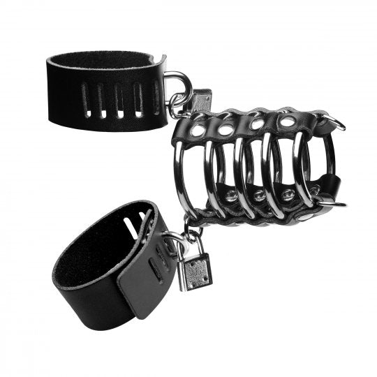 Black leather cuffs with metal hardware on a white background