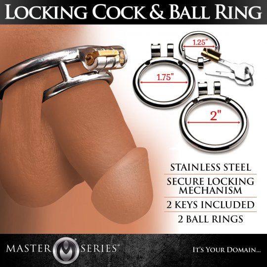 Locking cock and ball ring with measurements and Master Series branding.