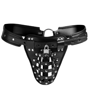 Black faux leather male chastity collar with silver metal studs, a central metal ring, and a padlock closure, shown against a plain white background.