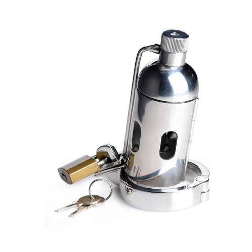 A stainless steel bottle lockout device with a base ring, handle, and attached padlock, shown with two keys on a plain white background.
