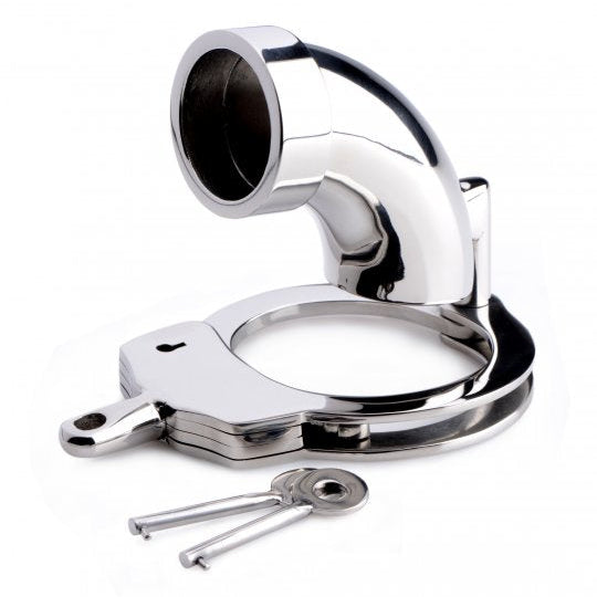 Chrome handcuffs with keys on a white background