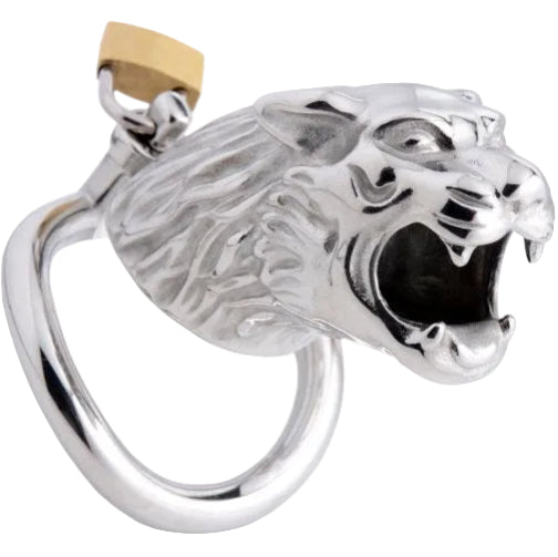 Silver lion head ring with a gold accent on a white background