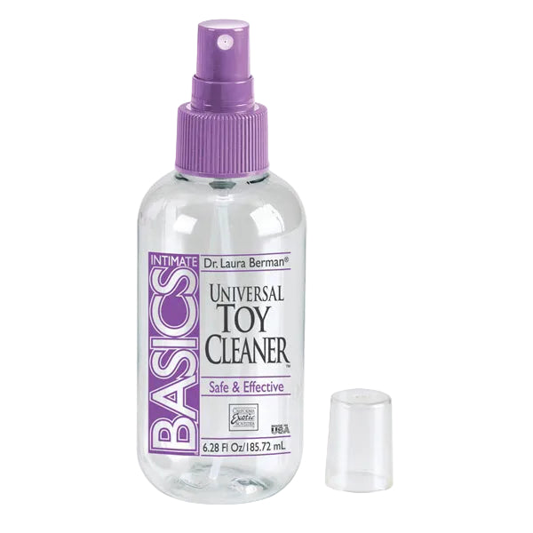 Bottle of Basics Universal Toy Cleaner with a purple spray cap on a white background