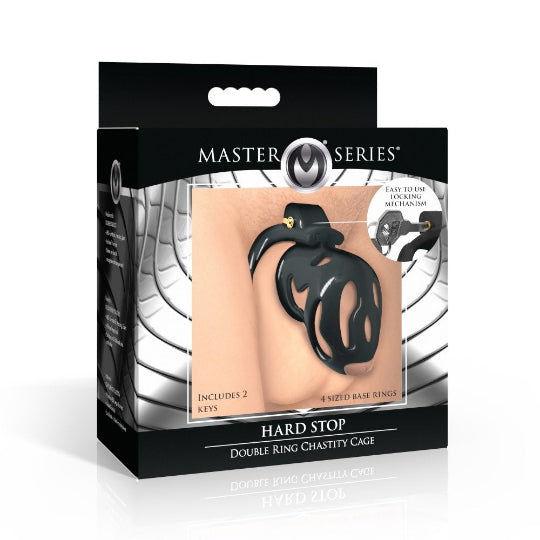 Master Series Hard Stop Double Ring Chastity Cage packaging on a white background